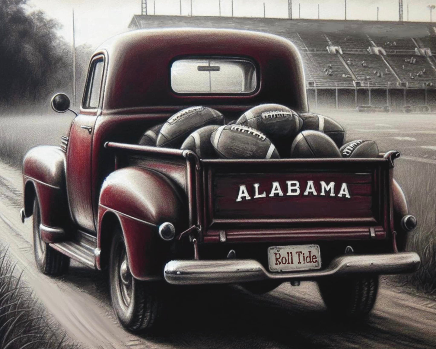 Alabama Crimson Tide vintage truck. Giclee reprint of original drawing.