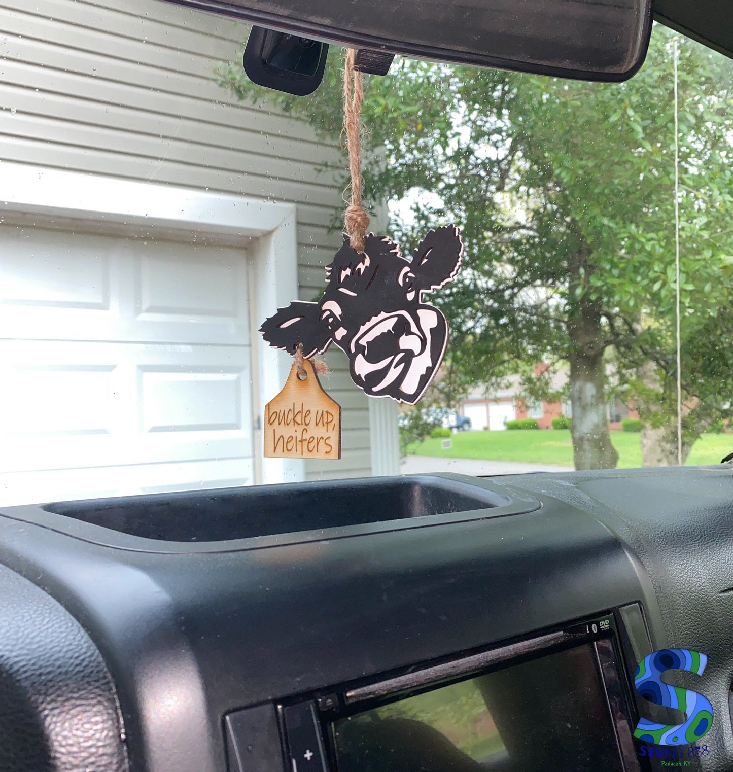 Buckle up, heifers! Cow rear view mirror car charm SVG cut file digital download only. Glowforge. Laser engraving.