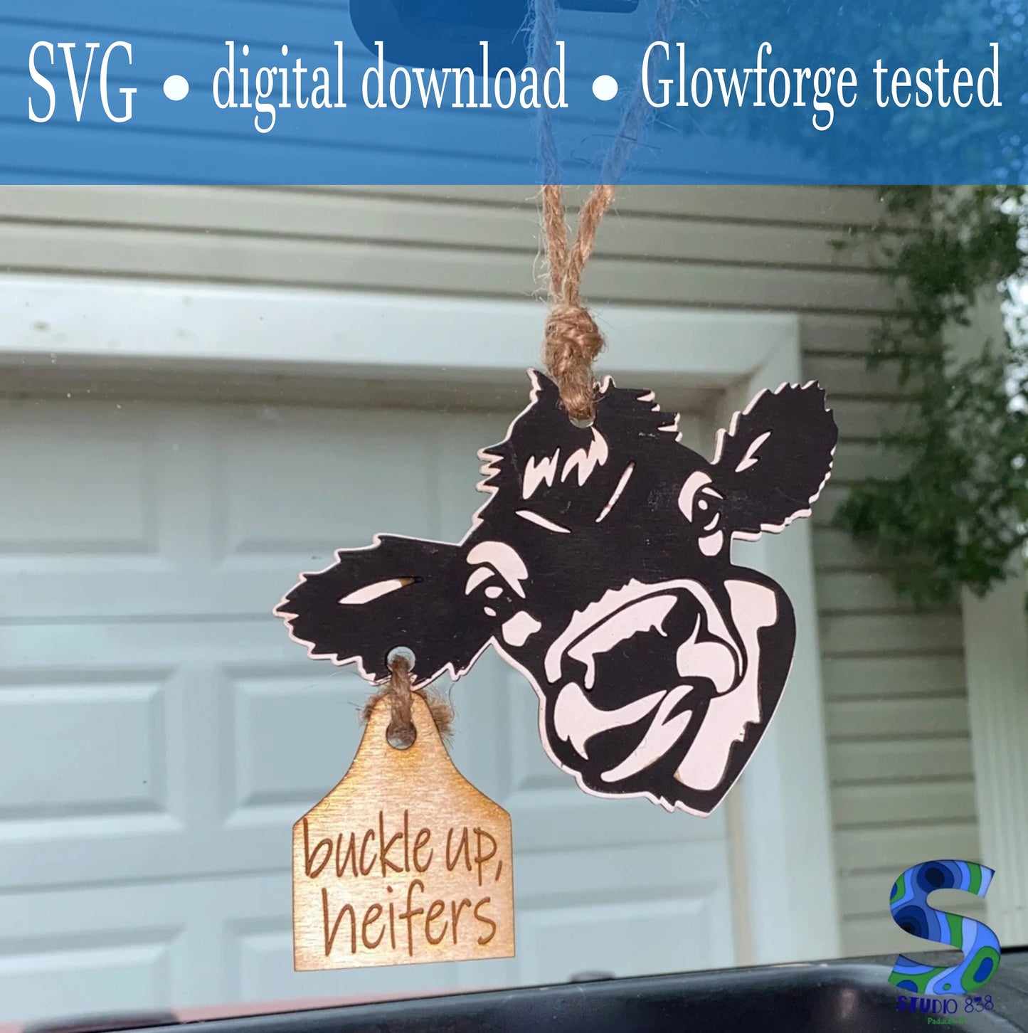 Buckle up, heifers! Cow rear view mirror car charm SVG cut file digital download only. Glowforge. Laser engraving.