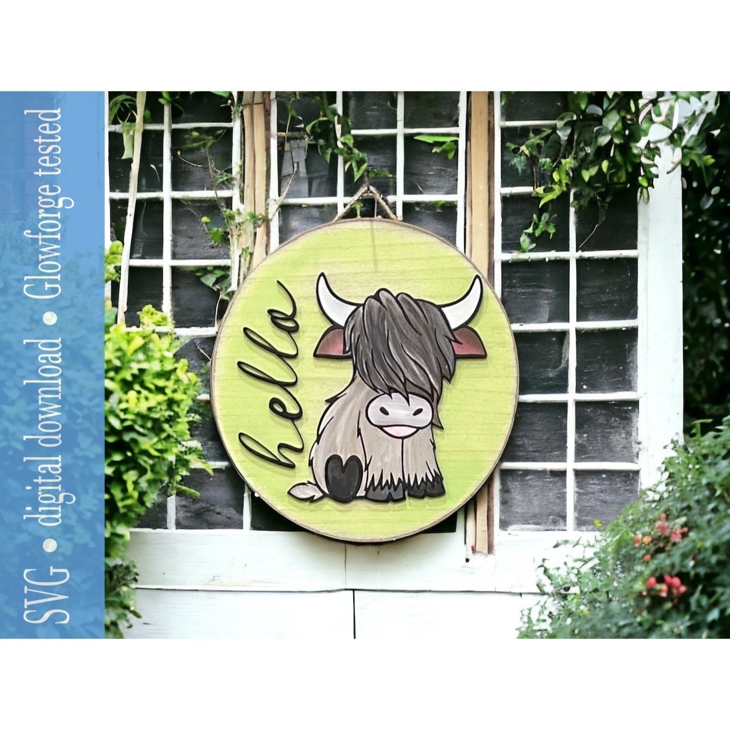 Highland cow fluffy cow door hanger welcome sign digital download cut file. SVG. Glowforge and Xtool D1 tested