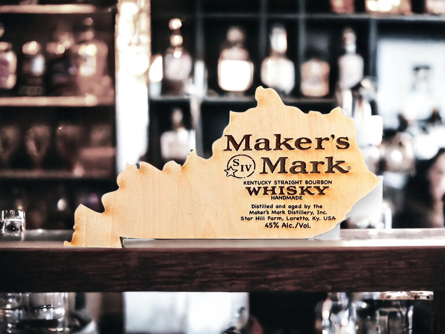 Bourbon Decor . Maker’s Mark. Kentucky state shaped sign. Table top decor. Laser engraved on maple. Display easel/stand included.