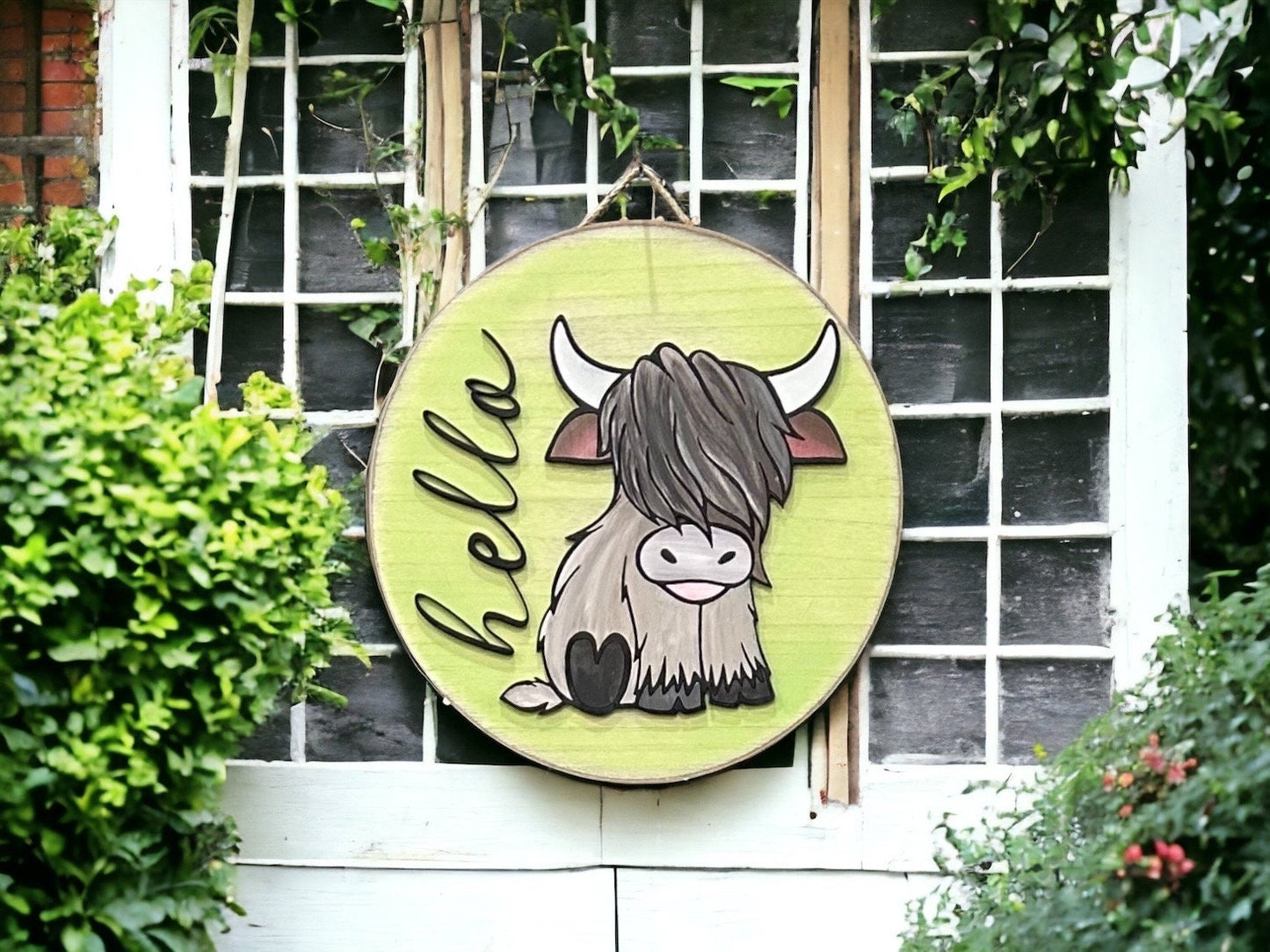 Highland cow fluffy cow door hanger welcome sign digital download cut file. SVG. Glowforge and Xtool D1 tested