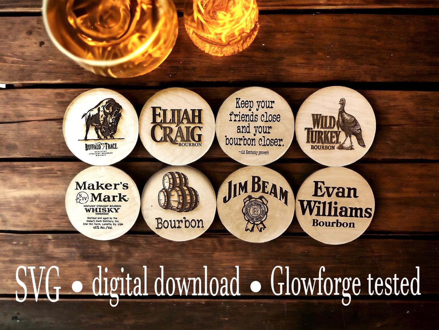 Kentucky Bourbon Whiskey coaster set decor. Jim Beam. Maker's Mark SVG. Cut engrave file. digital download Glowforge and Xtool D1 tested
