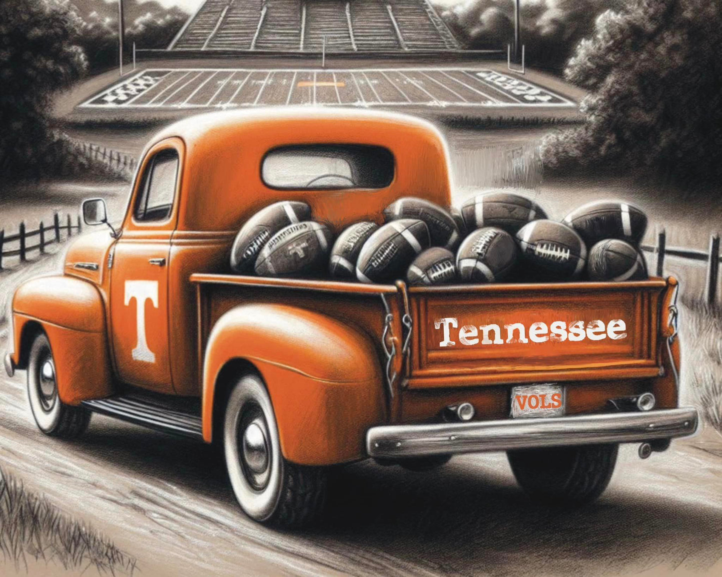 University of Tennesse football vintage truck.  Giclee reprint of original drawing.