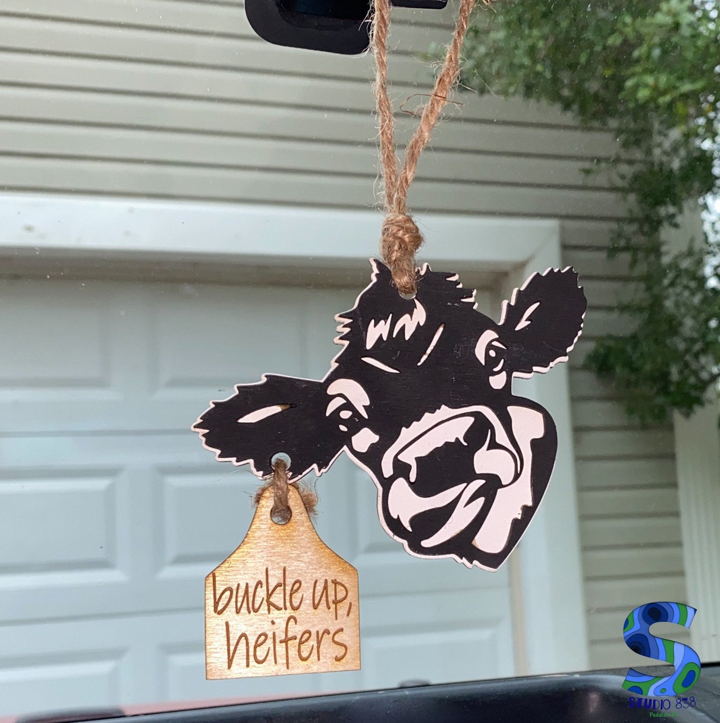 Buckle up, heifers! Cow rear view mirror car charm SVG cut file digital download only. Glowforge.  Laser engraving.