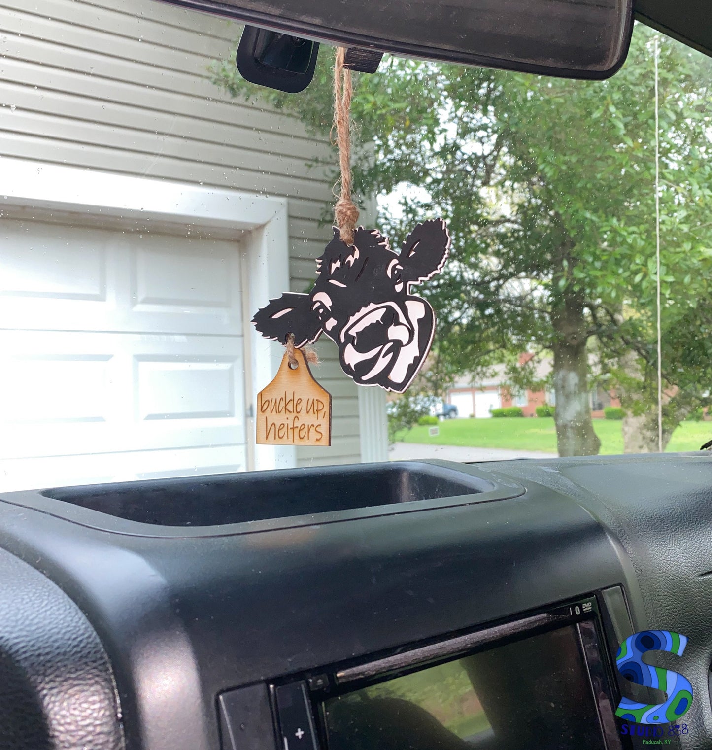 Buckle up, heifers! Cow rear view mirror car charm SVG cut file digital download only. Glowforge.  Laser engraving.