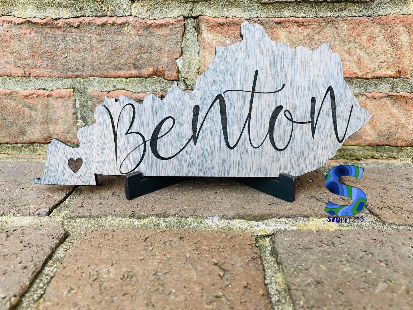 Kentucky shaped sign.  Choose your city!  Display easel/stand included.