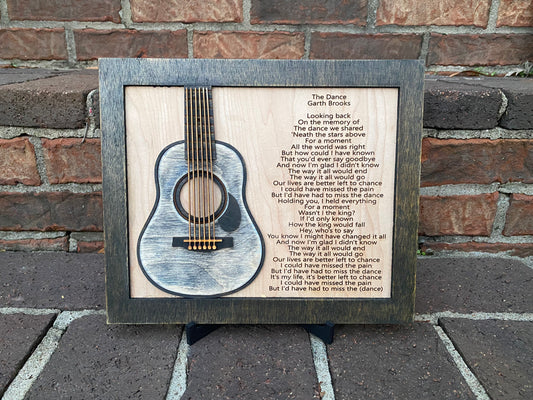 Garth Brooks "The Dance" song with guitar sign.  Laser engraved on maple. Stand included. Customize to your song.