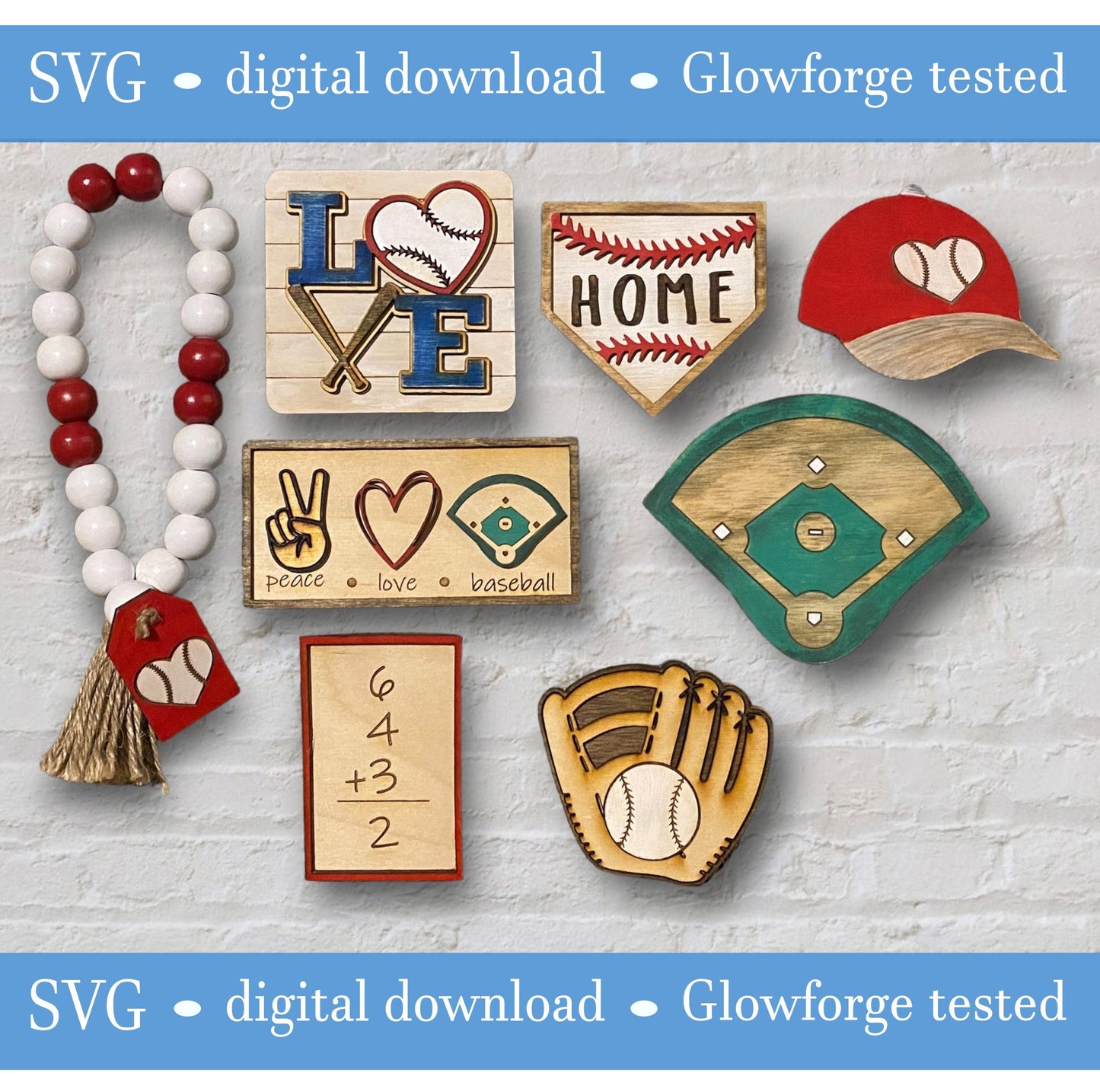 Digital download file for laser engraving. Eight piece baseball tiered tray set decor. SVG cut file . Glowforge.