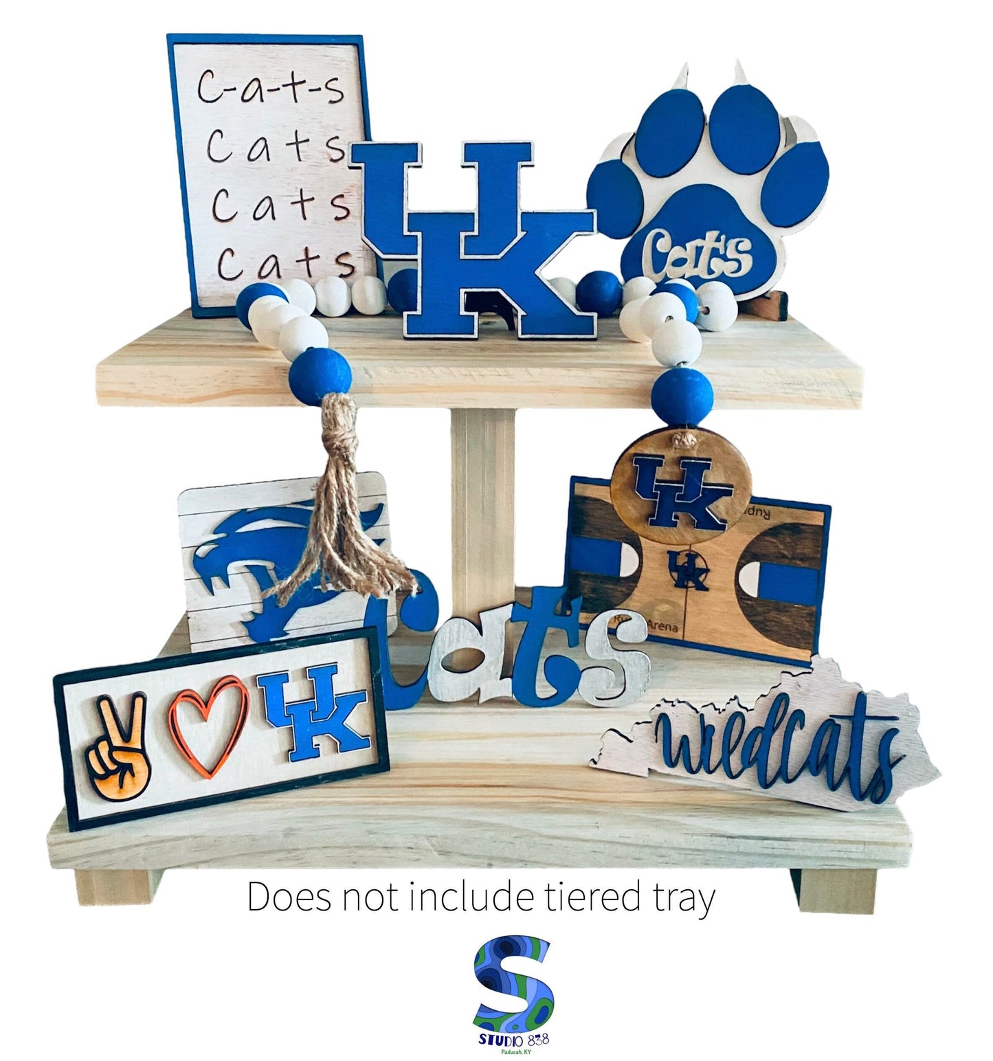 8-piece unfinished UK University of Kentucky Wildcats basketball themed tiered tray set decor set DIY wood signs. unfinished craft kit. Paint party