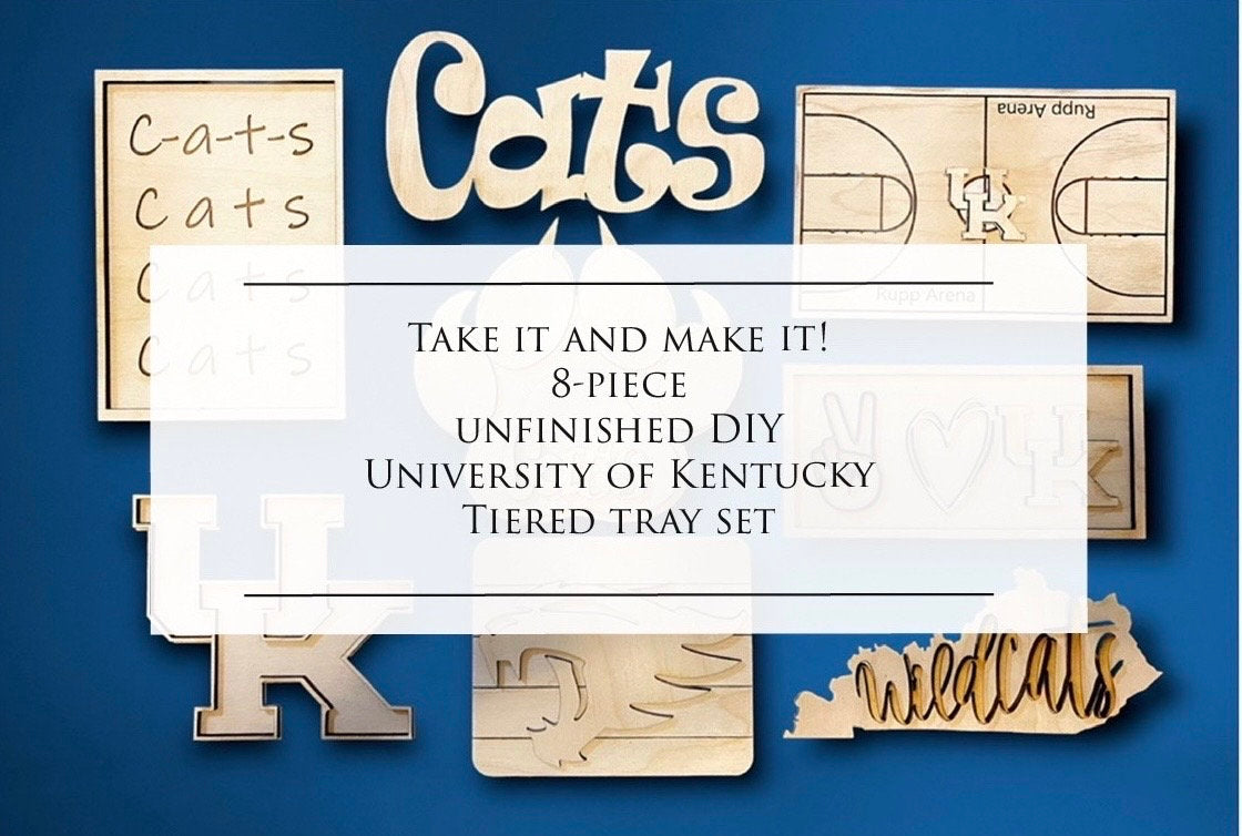 8-piece unfinished UK University of Kentucky Wildcats basketball themed tiered tray set decor set DIY wood signs. unfinished craft kit. Paint party