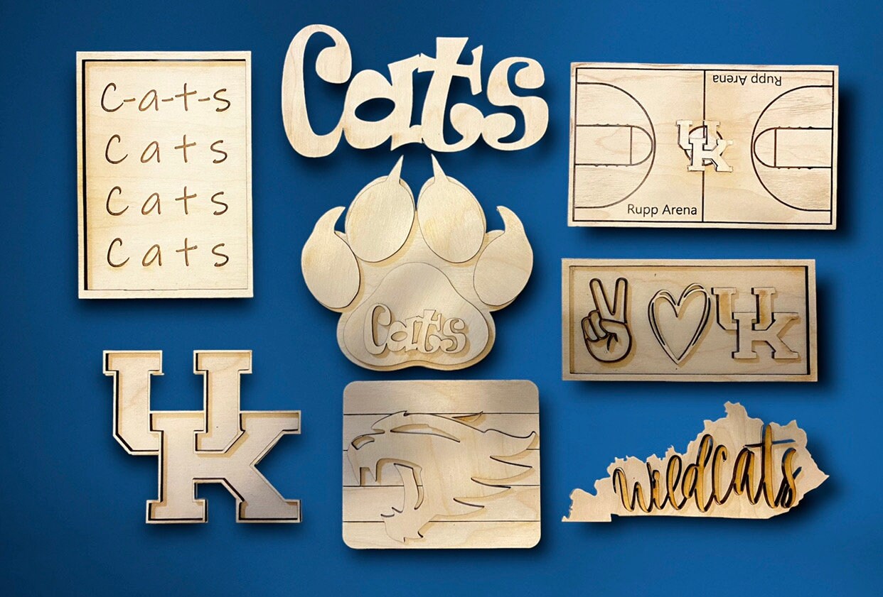 8-piece unfinished UK University of Kentucky Wildcats basketball themed tiered tray set decor set DIY wood signs. unfinished craft kit. Paint party