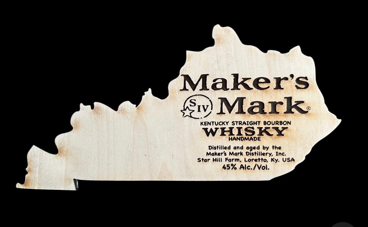 Bourbon Decor . Maker’s Mark. Kentucky state shaped sign.  Table top decor. Laser engraved on maple. Display easel/stand included.