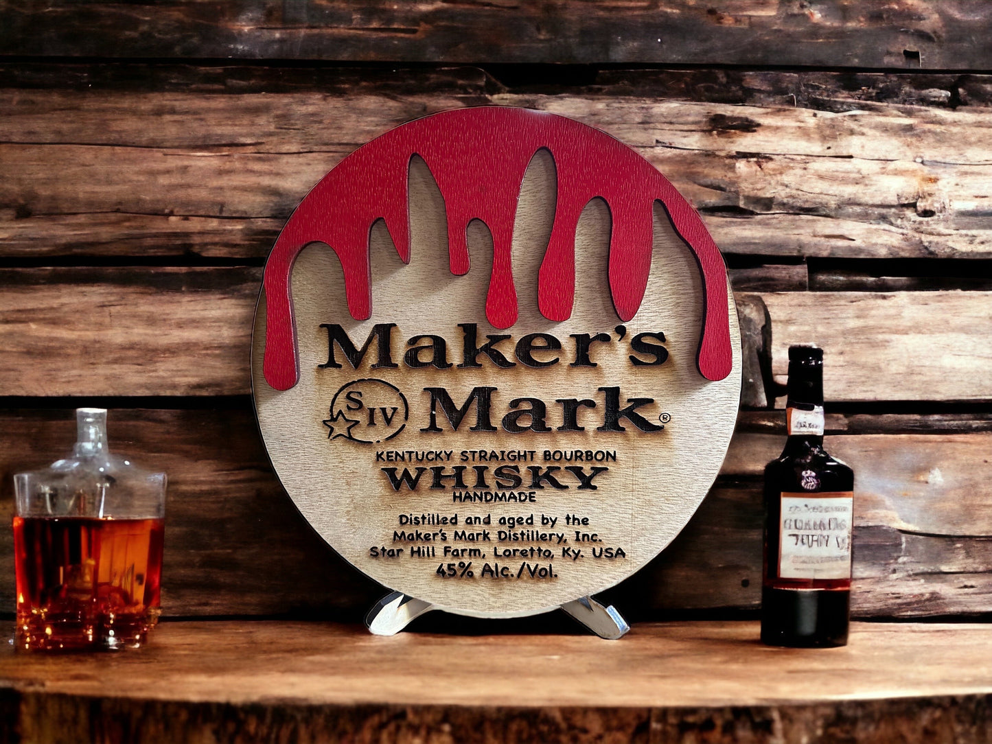 Maker's Mark Kentucky straight bourbon whiskey barrel top shaped sign decor. Digital download cut file. SVG. Glowforge and Xtool D1 tested