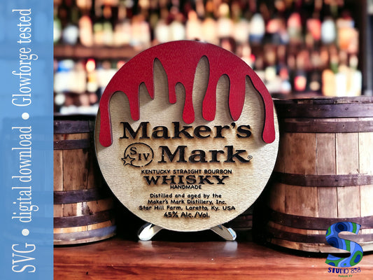 Maker's Mark Kentucky straight bourbon whiskey barrel top shaped sign decor. Digital download cut file. SVG. Glowforge and Xtool D1 tested