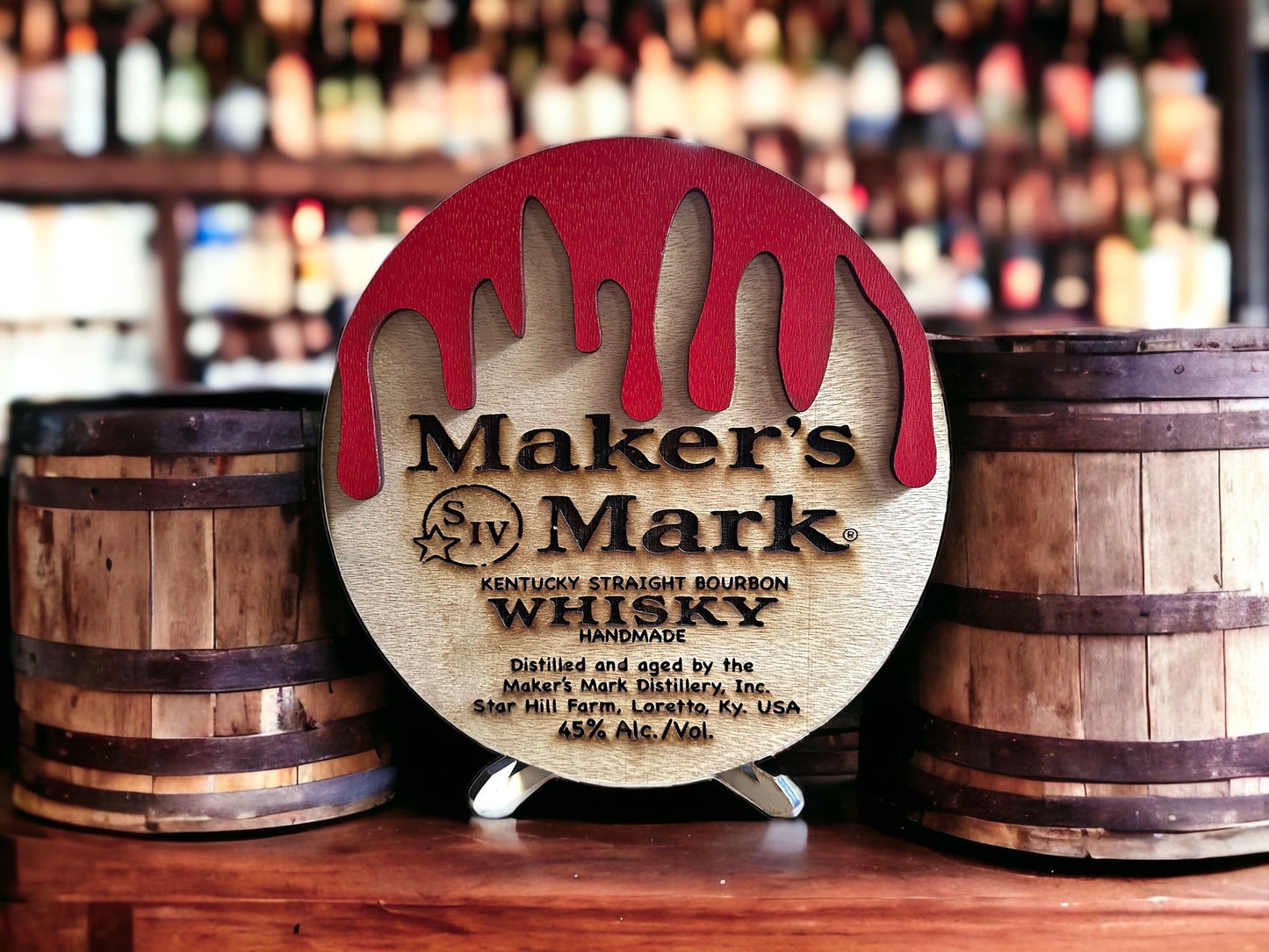 Maker's Mark Kentucky straight bourbon whiskey barrel top shaped sign decor. Digital download cut file. SVG. Glowforge and Xtool D1 tested