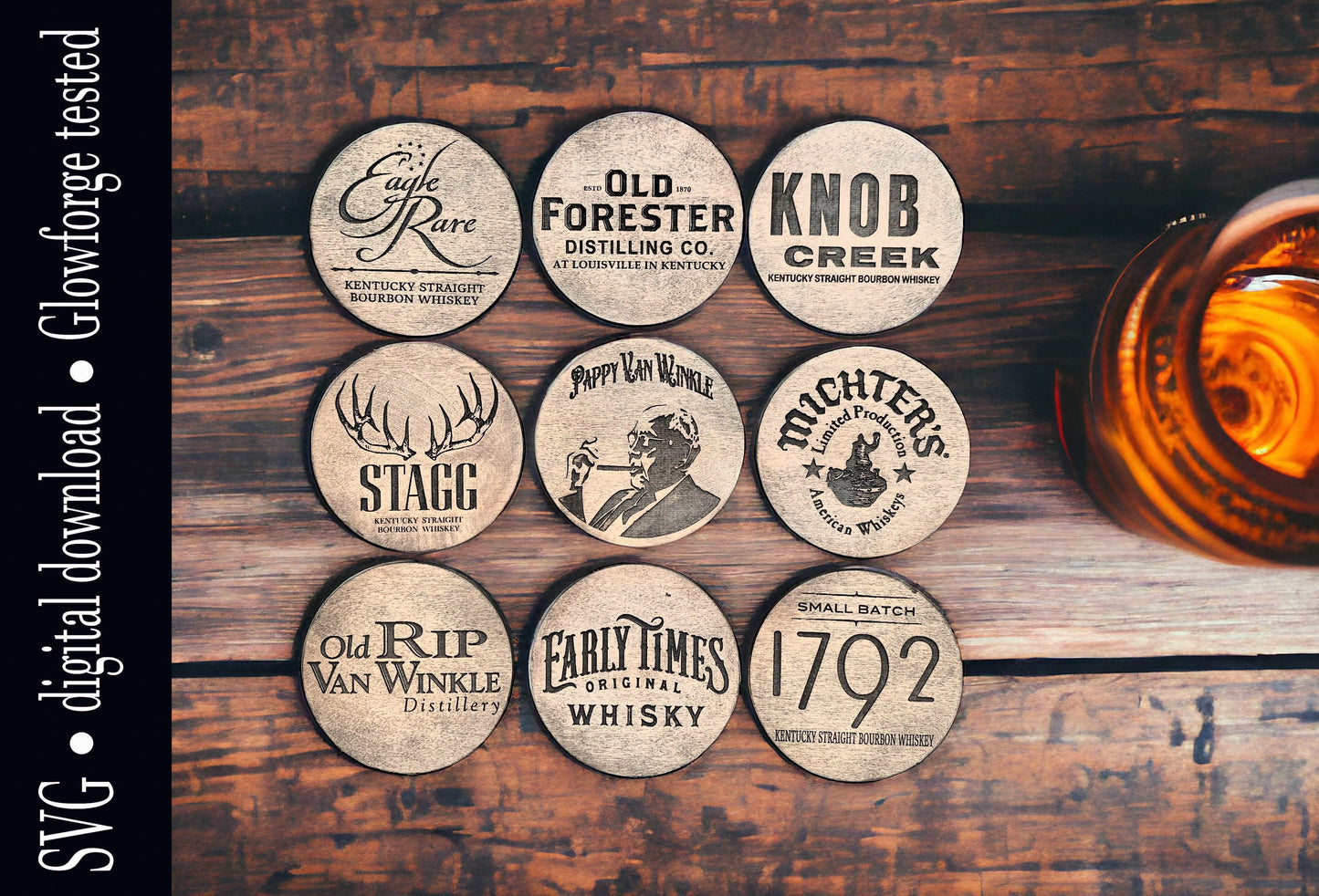 Kentucky Bourbon Whiskey coaster set decor. pappy van winkle. eagle rare. SVG. laser Cut engrave file. digital download Glowforge Xtool